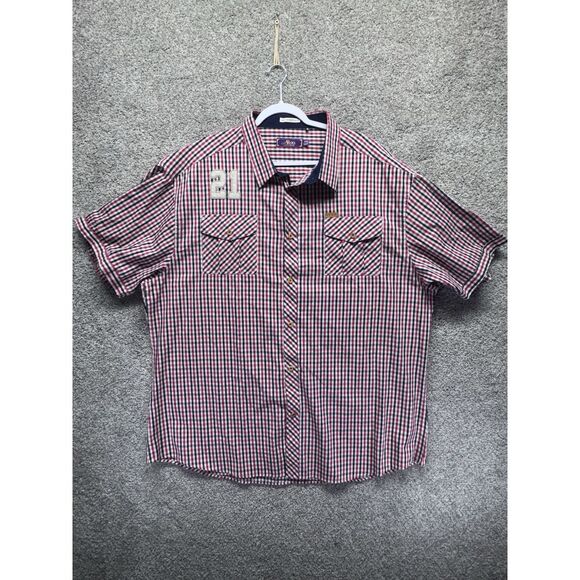 AKOO 21 Button Up Plaid Short‎ Sleeve Shirt Men's 4XL 56in Red Blue Embroidered - Picture 1 of 12